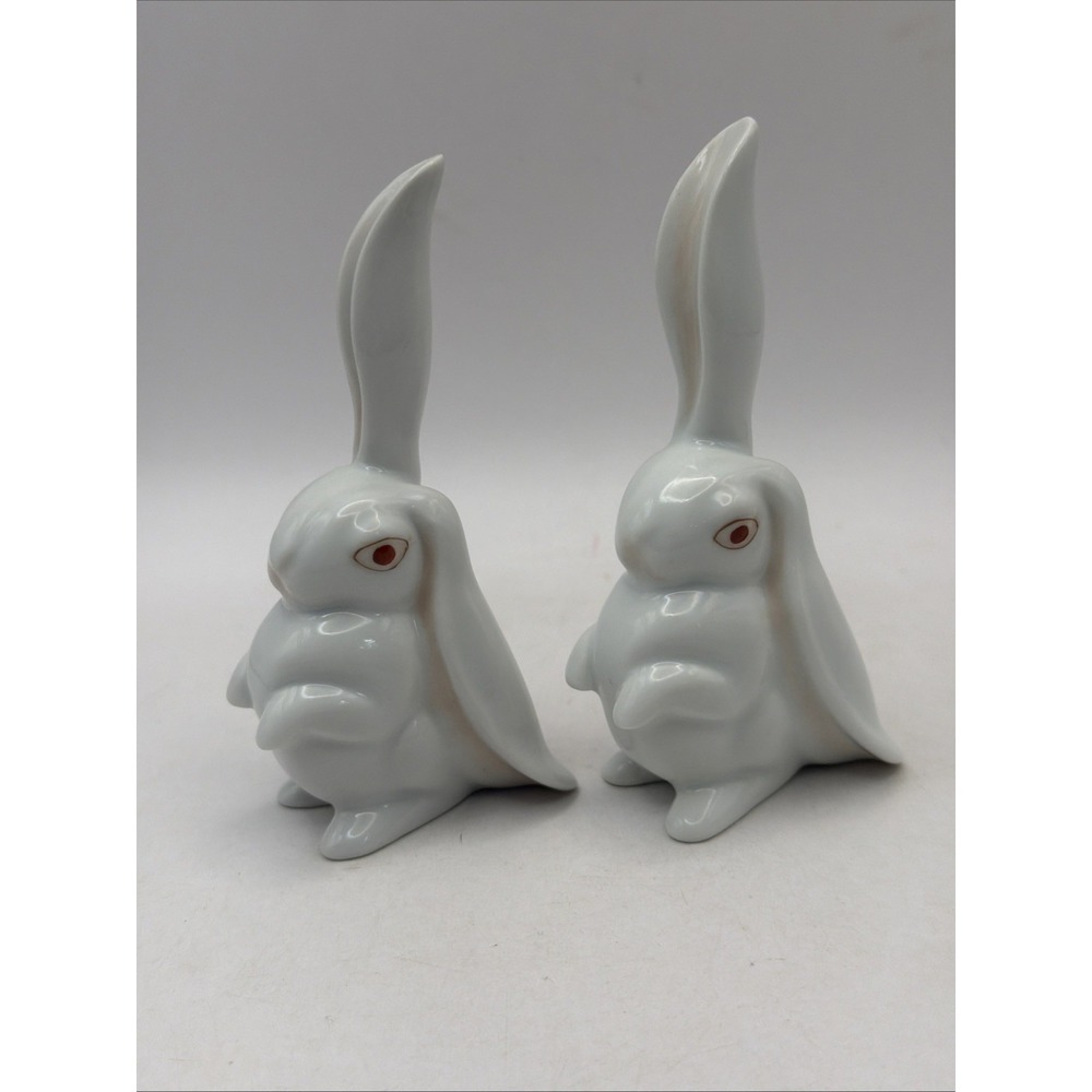 Herend Hungary 2 White Long Ear Rabbit Bunny Figurine W/Red Eyes Porcelain 4"